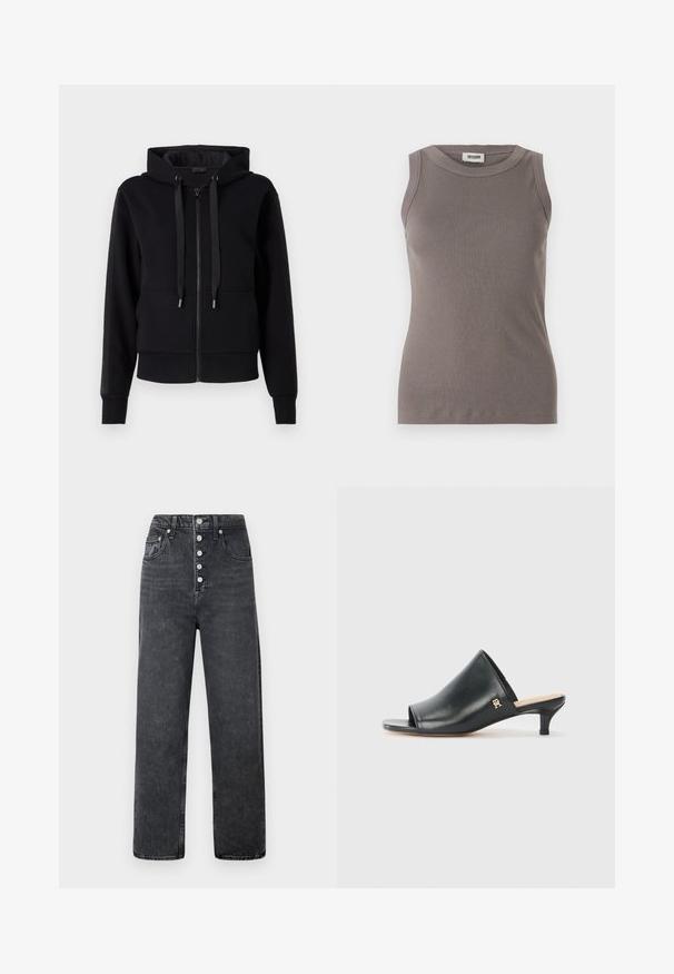 Sort zip-up hoodie lavet af blødt stof, med hætte, snore og ribbet manchetter. Glat tekstur med sidelommer.; Grå ribbede tanktop med rund halsudskæring og ærmeløs design, lavet af et blødt, tekstureret stof. Enkel, tætsiddende silhuet.; Høj Talje, vidde ben jeans i mørkegrå denim med fem knapper, bæltesløjfer og forlommer. Glat struktur med let falmede områder.; Sorte læder open-toe mules med en lav hæl. Har en glat overflade og et guld logo-prim på siden.