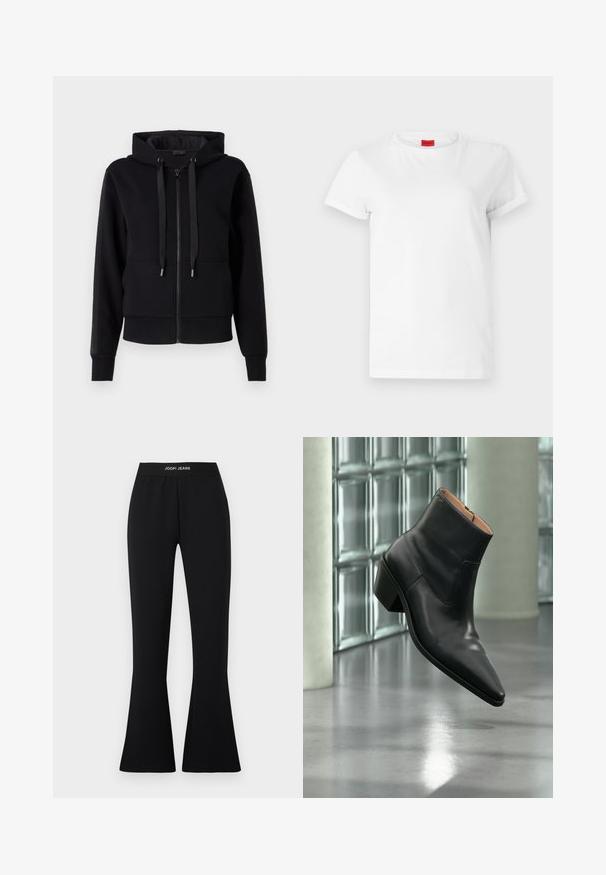 Sort zip-up hoodie lavet af blødt stof, med hætte, snore og ribbet manchetter. Glat tekstur med sidelommer.; Hvid kortærmet t-shirt lavet af letvægts bomuld. Har en rund halsudskæring og rullede ærmer. Rød logoetiket på kraven.; Sorte vide bukser lavet af strækstof med elastisk taljebånd med "JOOP! JEANS"-logo. Glat tekstur med en tætsiddende silhuet.; Sort læderankelstøvle med spids tå og blokhæl, der svæver over en reflekterende grå gulv nær en væg af glasblokke.
