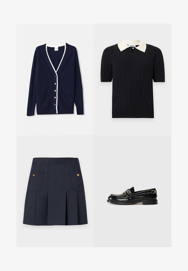 Cardigán azul marino hecho de material suave, con escote en V, ribete blanco, cinco botones y dos bolsillos frontales. Diseño clásico con acentos sutiles.; Top negro de punto de manga corta con patrón de trenzas, que presenta un cuello blanco puntiagudo adornado con perlas y una pequeña abertura frontal con botón.; Falda azul marino oscuro con rayas a rayas, con pliegues delanteros y dos bolsillos con solapa con botones dorados a cada lado.; Mocasines de cuero negro con un acabado brillante, que presentan dos hebillas doradas y un tacón bajo. Textura suave con diseño de punta redonda.