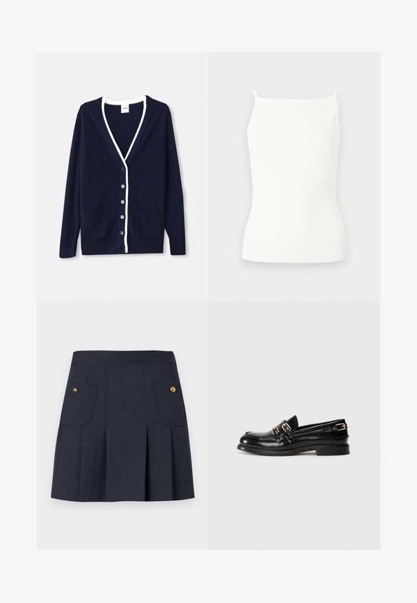 Marineblå cardigan lavet af blødt materiale, med V-hals, hvid kant, fem knapper og to forlommer. Klassisk design med subtile detaljer.; Hvid ribstrikket ærmeløs top med tynde skulderstropper og lige halsudskæring, vist på en ensfarvet grå baggrund.; Mørkeblå navy nederdel med tynde striber, forplissering foran og to klaplommer på hver side med guldknapper.; Sorte læder loafers med en blank finish, der har to guldspænder og en lav hæl. Glat tekstur med rund tådesign.