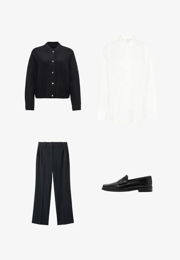 Zwarte wolmix jas met een knoopsluiting aan de voorkant, ribbelmanchetten en zakken. Heeft een moderne kraag en een gestructureerde stof.; Witte blouse met lange mouwen, knoopsluiting voor, een klassieke kraag en een reguliere pasvorm. Gemaakt van gladde stof, met acht knopen aan de voorkant.; Zwarte, op maat gemaakte broek met krijtstreep, voorzien van riemlussen, zijzakken en rechte, wijde pijpen.; Mango Instappers - black