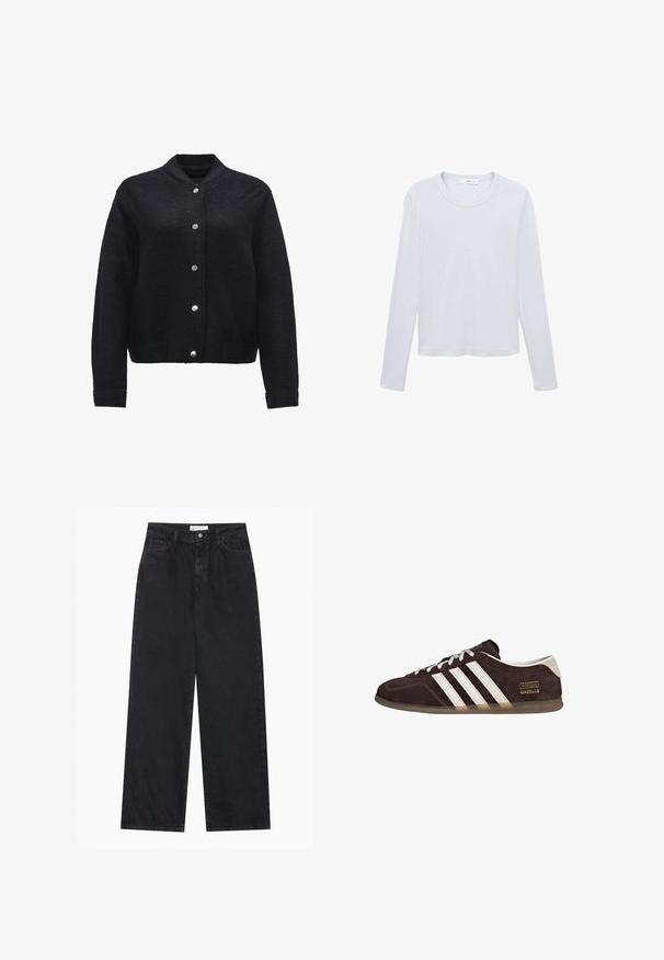 Zwarte wolmix jas met een knoopsluiting aan de voorkant, ribbelmanchetten en zakken. Heeft een moderne kraag en een gestructureerde stof.; Wit katoenen T-shirt met lange mouwen, ronde hals, rechte zoom en minimale stiksels, plat liggend op een witte achtergrond.; Zwarte high-waisted spijkerbroek met wijde pijpen, frontknopen en ritssluiting, ceintuurlussen en een vijf-pocket stijl.; Bruine suède sneakers met drie witte strepen, rubberen zool en een tekstlabel met de tekst "Gazelle" in goud. Vetersluiting met grijze veters.