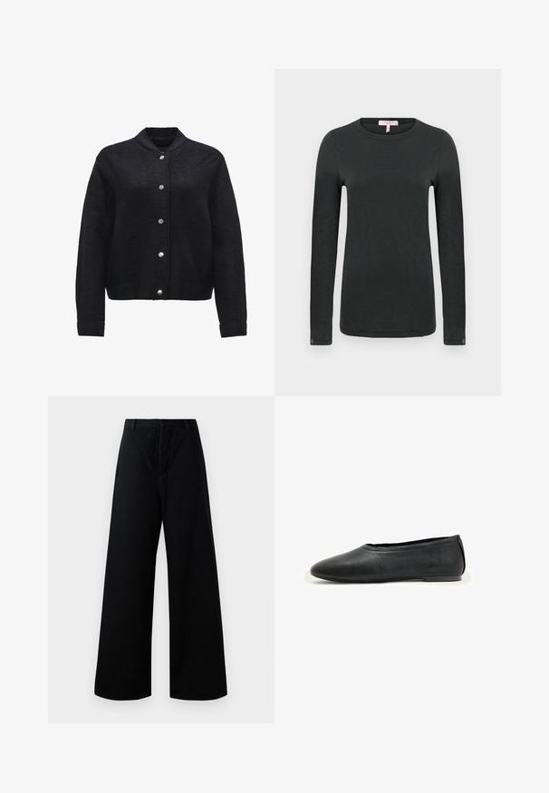 Zwarte wolmix jas met een knoopsluiting aan de voorkant, ribbelmanchetten en zakken. Heeft een moderne kraag en een gestructureerde stof.; rag & bone THE SLUB - Longsleeve - black; Zwarte wijde broek van katoen, met een hoge taille, voorzakken en een schone, eenvoudige uitstraling met minimale stikdetails.; Zwarte leren platte schoen met ronde neus en lage hak, ontworpen voor casual of formeel gebruik.