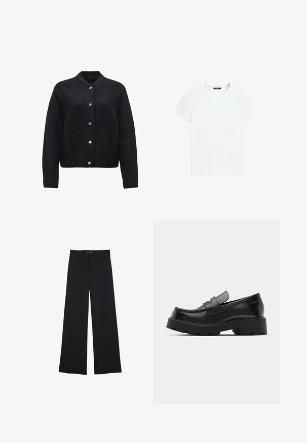 Zwarte wolmix jas met een knoopsluiting aan de voorkant, ribbelmanchetten en zakken. Heeft een moderne kraag en een gestructureerde stof.; Effen wit t-shirt met korte mouwen en ronde hals, plat gelegd op een witte achtergrond.; Zwarte broek met wijde pijpen, voorzien van ceintuurlussen, een knoopsluiting aan de voorkant en een rits, plat gelegd op een witte achtergrond.; Zwarte leren instappers met een chunky, gestructureerde zool, voorzien van een band over de voet en een gladde, gepolijste afwerking.