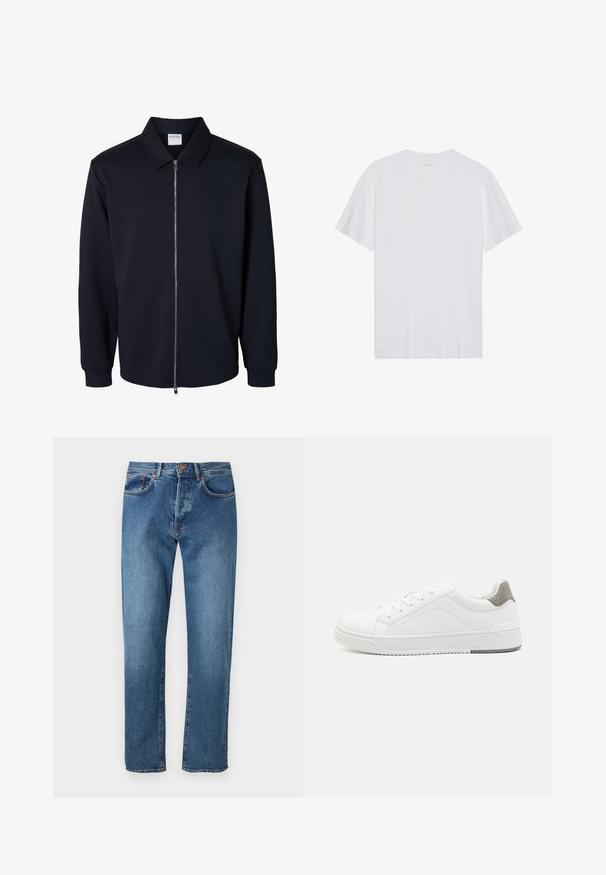 Herren schwarze Jacke mit Reißverschluss, langen Ärmeln, spitzem Kragen und gerippten Bündchen, gezeigt auf weißem Hintergrund.; Weißes Baumwoll-T-Shirt mit kurzen Ärmeln, Rundhalsausschnitt und glatter Textur. Verfügt über eine minimale Markenkennzeichnung am Halsausschnitt.; Hellblaue Denim-Jeans mit geradem Bein, fünf Taschen, Knopfverschluss und dezenter Ausbleichung an der Vorderseite.; Weißer Sneaker aus glattem Leder, runde Zehenpartie, minimalistisches Design, graue Fersenkante und strukturierte Gummisohle.