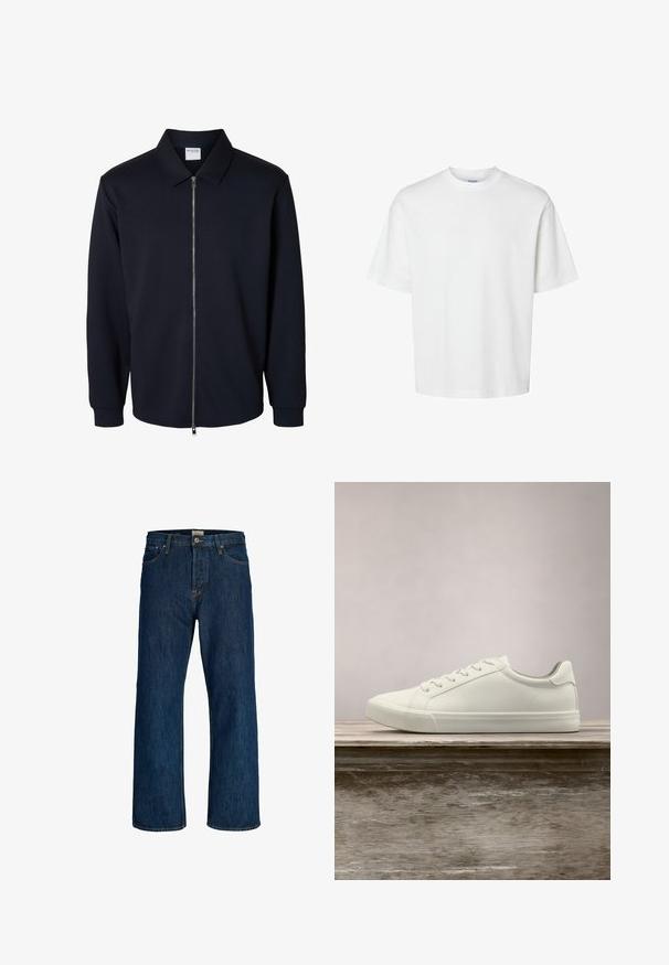 Veste noire zippée pour homme à manches longues, col pointu et poignets côtelés, présentée sur fond blanc.; T-shirt blanc uni à manches courtes, col rond et coupe décontractée, présenté sur un fond blanc.; Jeans en denim bleu foncé à jambes droites, avec bouton à l'avant, fermeture éclair et design à cinq poches.; Sneaker en dentelle blanche flottant au-dessus d'un banc en bois avec un feuillage vert en arrière-plan, mettant en valeur le design et la texture de la chaussure.
