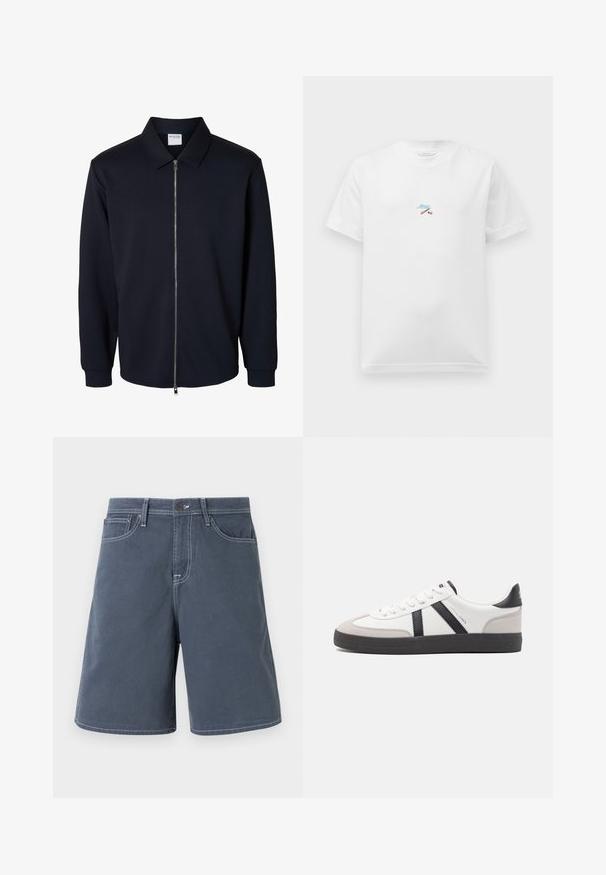 Zwart herenjack met ritssluiting, lange mouwen, puntige kraag en geribde boorden, getoond op een witte achtergrond.; Witte T-shirt met korte mouwen, versierd met kleine kleurrijke borduurwerk van gekruiste stokken en blauwe cursieve tekst in het midden van de borst.; Donkerblauwe katoenen shorts met witte stiksels, vijf zakken en een knoopsluiting in de taille. Rechte pijpen, minimale details.; Witte sneaker met zwarte en grijze accenten, voorzien van een grijze neus met textuur, zwarte rubberen zool en platte witte veters. Schoon ontwerp, minimalistische stijl.