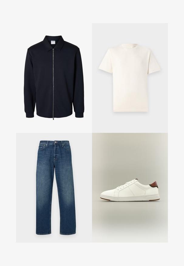 Chaqueta negra para hombre con cremallera, mangas largas, cuello puntiagudo y puños acanalados, mostrada sobre un fondo blanco.; TOM TAILOR BASIC CREW NECK - Camiseta básica - smooth light sand; Jeans de mezclilla azul oscuro con diseño de pierna recta, con cierre clásico de botones y estilo de cinco bolsillos. Sutil desgaste en la parte frontal.; Zapatilla blanca de corte bajo con cordones blancos, paneles laterales texturizados y lengüeta trasera marrón sobre un fondo neutro.