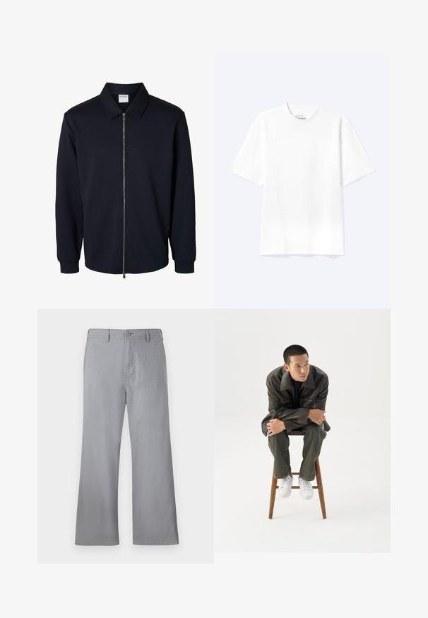 Herren schwarze Jacke mit Reißverschluss, langen Ärmeln, spitzem Kragen und gerippten Bündchen, gezeigt auf weißem Hintergrund.; Schlichtes weißes T-Shirt mit kurzen Ärmeln und Rundhalsausschnitt in entspannter Passform, auf hellem Hintergrund dargestellt.; Graue weite Hosen aus weichem Stoff, mit einem vorderen Knopfverschluss, Gürtelschlaufen und einem schlichten Design ohne sichtbare Muster oder Akzente.; Junger Mann in dunkler Lederjacke und Jeans sitzt auf einem Holzstuhl, lehnt sich mit verschränkten Armen nach vorne und schaut seitlich vor weißem Hintergrund.