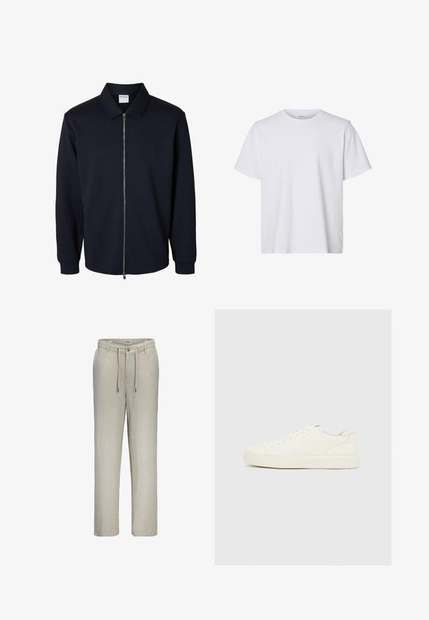 Chaqueta negra para hombre con cremallera, mangas largas, cuello puntiagudo y puños acanalados, mostrada sobre un fondo blanco.; Camiseta blanca lisa de manga corta con cuello redondo, ajuste regular y textura de tela suave, presentada sobre un fondo blanco.; Pantalones beige de pierna recta con presillas para cinturón, cierre de botón, cremallera frontal y cintura ajustable con cordón.; Zapatilla blanca de corte bajo con cordones en la parte delantera, empeine de cuero liso y suela gruesa de goma, vista desde el lado exterior sobre un fondo liso.