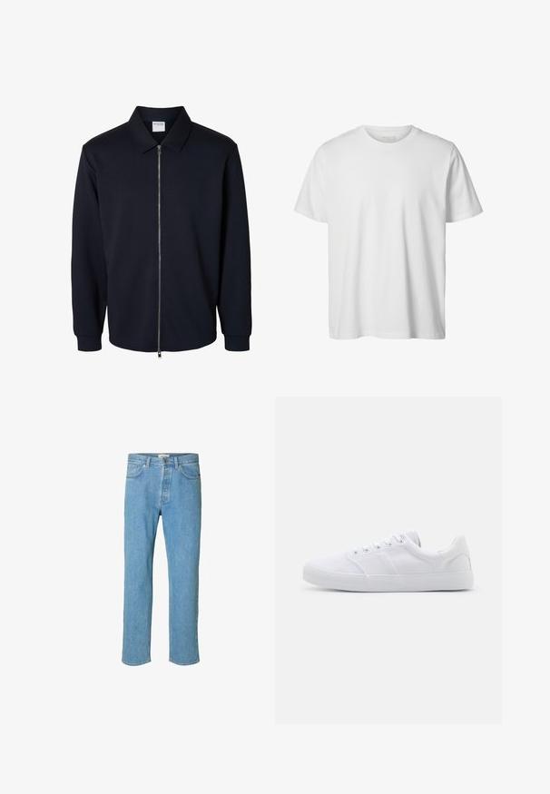 Herren schwarze Jacke mit Reißverschluss, langen Ärmeln, spitzem Kragen und gerippten Bündchen, gezeigt auf weißem Hintergrund.; Schlichtes weißes T-Shirt mit kurzen Ärmeln und Rundhalsausschnitt, lässiger Passform und ohne sichtbare Logos oder Designs auf der Vorderseite.; Hellblaue Jeans aus Denim mit geradem Beinschnitt. Merkmale sind ein Knopfverschluss, fünf Taschen und gestickte Details entlang der Nähte.; Weiße Leinenschuhe mit Gummisohle, ausgestattet mit sechs Ösen, einer strukturierten Zehenkappe und minimalistischer Gestaltung.