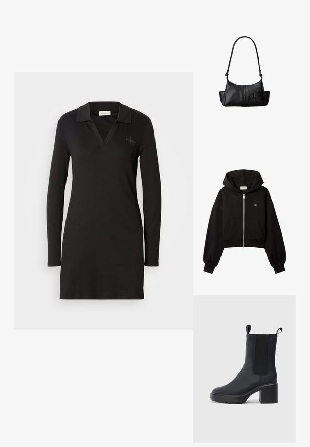 Sort cropped hættetrøje med lynlås foran, forlommer, afslappet pasform, elastiske manchetter og lille Calvin Klein-logo på brystet.; Sort polokjole med lange ærmer, V-hals, ribbet tekstur og en diskret logo detalje på venstre bryst. Blødt bomuldsblanding materiale.; Sorte ankelstøvler i glat gummimateriale, med elastiske sidepaneler, blokhæle og trækskilt øverst for nem påtagning.; Sort læder skuldertaske med lang rem, sidelommer og præget Calvin Klein-logo på fronten.