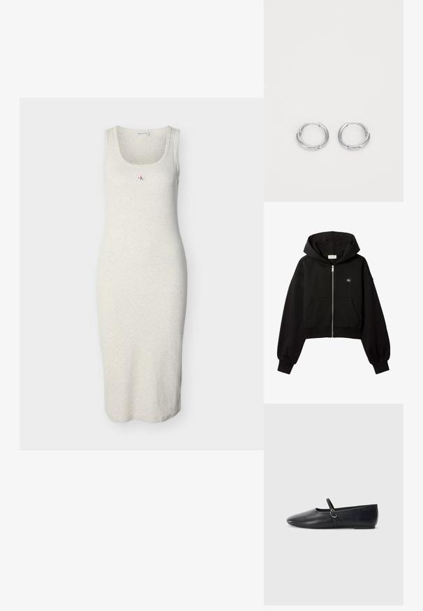 Sweat à capuche court noir zippé, poches avant, coupe décontractée, poignets élastiques et petit logo Calvin Klein sur la poitrine.; Robe cintrée sans manches gris clair en coton doux. Présente un col rond et un petit logo au centre. Longueur mi-mollet.; Ballerines noires en cuir avec un bout pointu, une semelle plate et une petite sangle avec un détail de boucle en argent.; Boucles d'oreilles en argent en forme de rond, avec une finition lisse et polie. Éléments circulaires avec un petit fermoir pour la fermeture. Design minimaliste, léger.