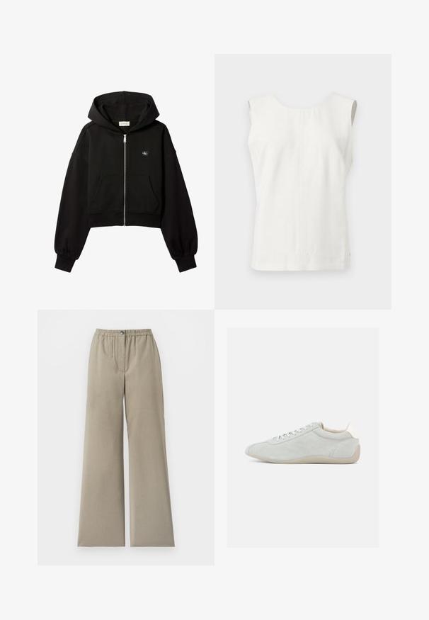 Sort cropped hættetrøje med lynlås foran, forlommer, afslappet pasform, elastiske manchetter og lille Calvin Klein-logo på brystet.; Ærmeløs hvid top med rund halsudskæring og synlig lodret søm ned langs midten foran, vist på en ensfarvet lys baggrund.; Beige bukser med vide ben, elastisk taljebånd og knaplukning, glat stof, detalje med front-søm, mod en hvid baggrund.; Lysegrå ruskindssneaker med lavprofil-design, snørelukning og blød beige gummisål. Diskrete syningsdetaljer tilfører tekstur.