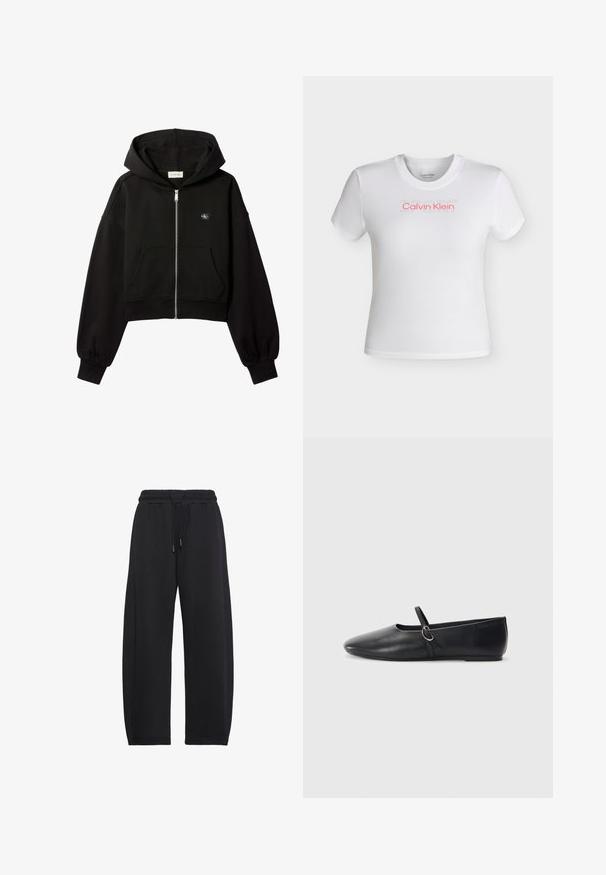 Schwarzer, kurz geschnittener Kapuzenpullover mit Reißverschluss, Fronttaschen, lockerer Passform, elastischen Bündchen und kleinem Calvin Klein-Logo auf der Brust.; Weißes kurzärmeliges, bauchfreies T-Shirt mit rundem Ausschnitt, mit rotem "Calvin Klein"-Logo und schwach sichtbarem "SPORT"-Schriftzug darüber auf der Brust.; Schwarze, locker sitzende Sweatpants mit elastischem Bund und Kordelzug, gestaltet für Freizeit- oder Sportbekleidung.; Schwarze Leder-Ballettschuhe mit spitzem Schuhzeug, flacher Sohle und einem kleinen Riemen mit silberner Schnalle.