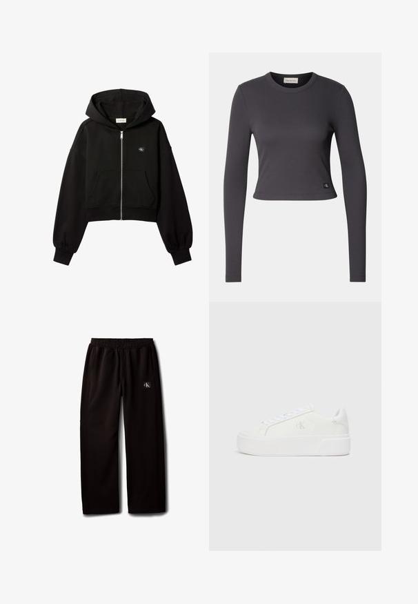 Sort cropped hættetrøje med lynlås foran, forlommer, afslappet pasform, elastiske manchetter og lille Calvin Klein-logo på brystet.; Langærmet, cropped top i mørkegrå ribbet stof med en rund halsudskæring og et lille logo patch nederst. Glat tekstur, tætsiddende design.; Sorte vidde bukser med elastisk taljebånd og sidelommer, med en lille Calvin Klein-logo patch på højre lår.; Hvide platform sneakers med en glat læderoverdel, rund tå, hvide snørebånd og diskret logo-detalje på siden. Flad gummisål.