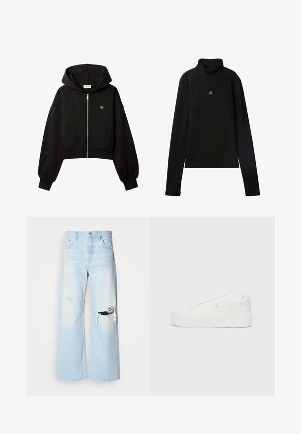 Sweat à capuche court noir zippé, poches avant, coupe décontractée, poignets élastiques et petit logo Calvin Klein sur la poitrine.; Haut noir à col roulé côtelé à manches longues avec petit patch carré du logo Calvin Klein centré sur la poitrine.; Jean large bleu clair en denim, avec une taille haute, de grandes déchirures au niveau des genoux, et un design classique à cinq poches avec des accessoires en cuivre.; Baskets plateformes blanches avec une tige en cuir lisse, bout arrondi, lacets blancs et un logo discret sur le côté. Semelle en caoutchouc plate.