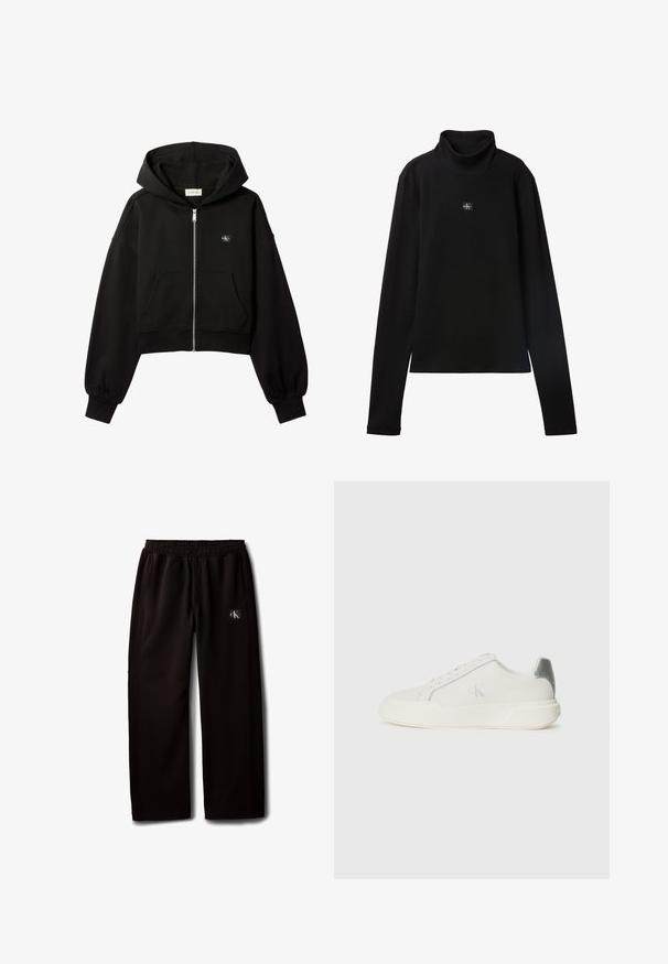 Schwarzer, kurz geschnittener Kapuzenpullover mit Reißverschluss, Fronttaschen, lockerer Passform, elastischen Bündchen und kleinem Calvin Klein-Logo auf der Brust.; Schwarzes, geripptes Langarm-Top mit Rollkragen und kleinem quadratischem Calvin Klein Logo-Patch zentral auf der Brust.; Schwarze Wide-Leg-Hose mit elastischem Bund und Seitentaschen, mit einem kleinen Calvin Klein Logo-Patch am rechten Oberschenkel.; Weißer Sneaker aus Leder mit glatter Textur, ausgestattet mit einem silbernen Akzent an der Ferse, flacher Sohle und minimalistischem Design.