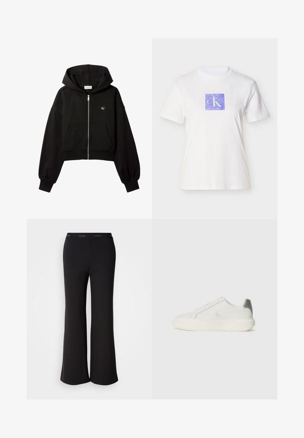 Sort cropped hættetrøje med lynlås foran, forlommer, afslappet pasform, elastiske manchetter og lille Calvin Klein-logo på brystet.; Hvid bomulds t-shirt med et lilla kvadratisk design med bogstaverne "CK" i en lys nuance. Kortærmet og med rund halsudskæring.; Sorte vide bukser lavet af blødt stof med en bred linning med Calvin Klein-logoet. Glat tekstur, hel-langde design.; Hvide sneakers lavet af læder med en glat tekstur, forsynet med en sølvaccent på hælen, flad sål og minimalistisk design.