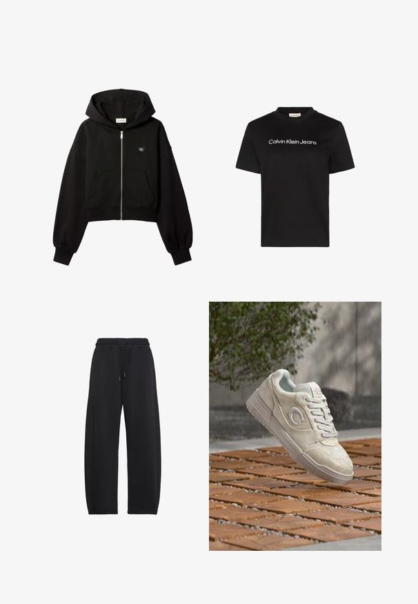 Schwarzer, kurz geschnittener Kapuzenpullover mit Reißverschluss, Fronttaschen, lockerer Passform, elastischen Bündchen und kleinem Calvin Klein-Logo auf der Brust.; Schwarzes Baumwoll-T-Shirt mit Rundhalsausschnitt und kurzen Ärmeln, auf der Brust mit dem weißen Schriftzug "Calvin Klein Jeans" versehen.; Schwarze, locker sitzende Sweatpants mit elastischem Bund und Kordelzug, gestaltet für Freizeit- oder Sportbekleidung.; Weißer Ledersneaker mit dicker Sohle und Schnürsenkeln, schwebend über einem gemusterten Holz- und Steinboden im Freien.