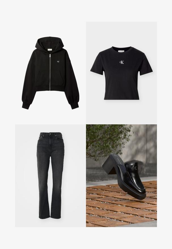 Sort cropped hættetrøje med lynlås foran, forlommer, afslappet pasform, elastiske manchetter og lille Calvin Klein-logo på brystet.; Sort bomuldskortærmet T-shirt med rund hals og hvidt "cK"-logo på brystet. Designet er enkelt med en kort, tætsiddende pasform.; Højtaljede sorte denim jeans med lige ben, fem-lomme design, frontlukning med knap og minimal syning.; Sort læder Calvin Klein slip-on mule med blokhæl, der hviler på trætøj udendørs nær en grøn plante og en grå væg.