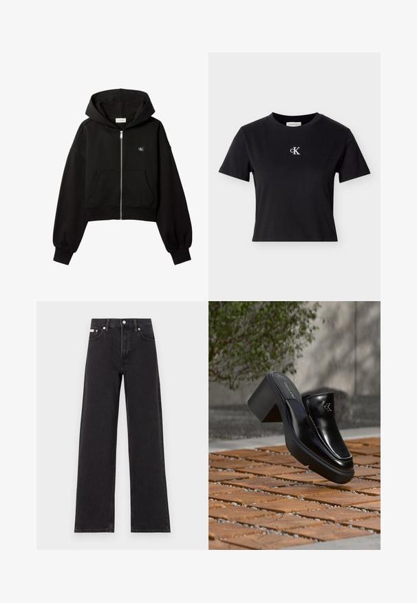 Sweat à capuche court noir zippé, poches avant, coupe décontractée, poignets élastiques et petit logo Calvin Klein sur la poitrine.; T-shirt noir en coton à manches courtes avec un col rond et un logo "cK" blanc sur la poitrine. Le design est simple avec une coupe courte.; Jeans noirs à jambes larges en denim, avec une taille haute, une coupe à cinq poches et une fermeture à bouton en métal avec des coutures contrastantes.; Mule slip-on en cuir noir Calvin Klein avec talon bloc reposant sur des carreaux en bois à l'extérieur près d'une plante verte et d'un mur gris.