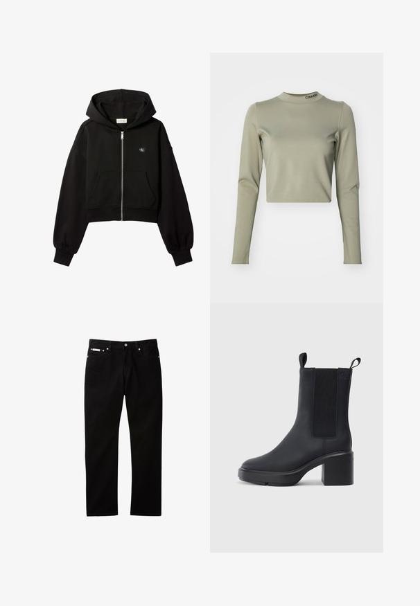 Sort cropped hættetrøje med lynlås foran, forlommer, afslappet pasform, elastiske manchetter og lille Calvin Klein-logo på brystet.; Besluttede langærmede top i lys olivengrøn, lavet af glat strækstof, med høj halsudskæring og et Calvin Klein-logo ved kraven.; Sorte denimjeans med lige ben, der har knappelukning og lynlås, fem lommer og en lille logomærkat på taljen.; Sorte ankelstøvler i glat gummimateriale, med elastiske sidepaneler, blokhæle og trækskilt øverst for nem påtagning.