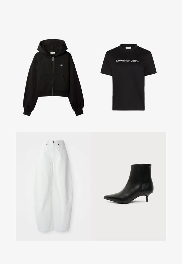 Schwarzer, kurz geschnittener Kapuzenpullover mit Reißverschluss, Fronttaschen, lockerer Passform, elastischen Bündchen und kleinem Calvin Klein-Logo auf der Brust.; Schwarzes T-Shirt mit kurzen Ärmeln und weißem "Calvin Klein Jeans"-Text, zentriert auf der Brust und rundem Halsausschnitt.; Hochtaillierte weiße Denim-Hose mit lockerer Passform. Einfacher Knopfverschluss, seitliche Taschen und minimalistisches Design. Glatte Textur.; Schwarzer Leder-Knöchel-Stiefel mit spitzer Spitze und niedrigem Kittenabsatz vor hellem Hintergrund, seitliche Ansicht.