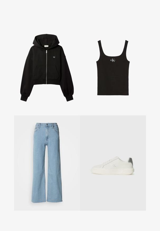 Sort cropped hættetrøje med lynlås foran, forlommer, afslappet pasform, elastiske manchetter og lille Calvin Klein-logo på brystet.; Sort bomulds tanktop med rund halsudskæring og brede skulderstropper. Har et lille trykt "Calvin Klein"-logo på forsiden.; Lyseblå vidde jeans lavet af denim, med en tætsiddende talje, fem-lomme design og subtile syningsdetaljer.; Hvide sneakers lavet af læder med en glat tekstur, forsynet med en sølvaccent på hælen, flad sål og minimalistisk design.