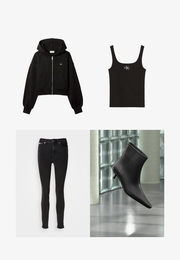 Sweat à capuche court noir zippé, poches avant, coupe décontractée, poignets élastiques et petit logo Calvin Klein sur la poitrine.; Débardeur en coton noir avec un col rond dégagé et de larges bretelles. Présente un petit logo "Calvin Klein" imprimé sur le devant.; Jean skinny noir en denim à texture lisse, doté d'un design à cinq poches, passants pour ceinture et fermeture par bouton en métal.; Bottine en cuir noir avec bout pointu et petit talon, présentée devant un mur en blocs de verre et un sol poli.