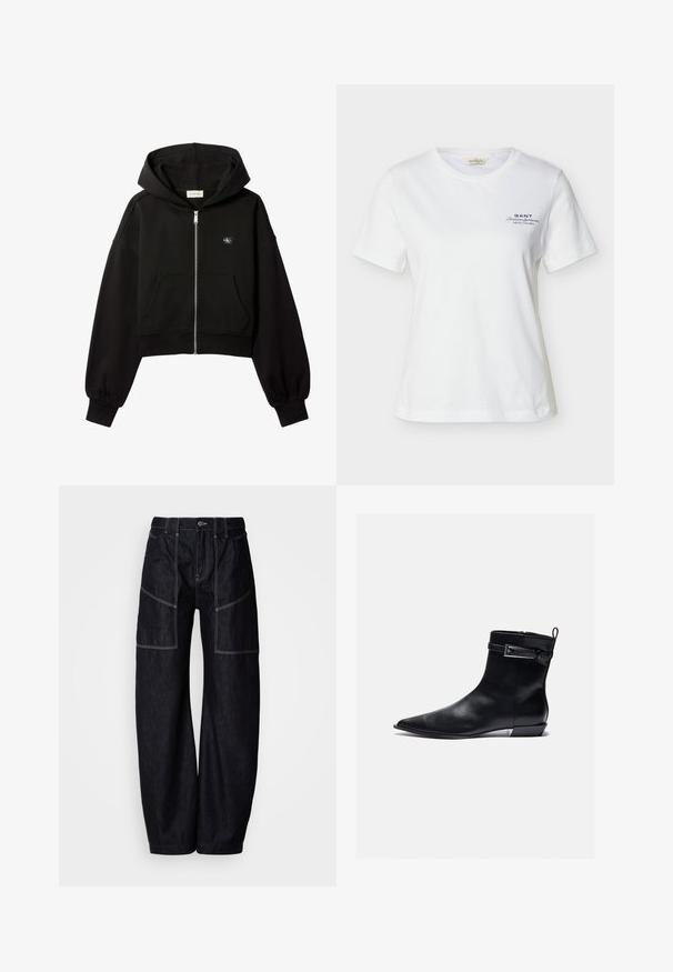 Musta cropped-tyylinen vetoketjullinen huppari, jossa etutaskut, rento istuvuus, joustavat hihansuut ja pieni Calvin Klein -logo rinnassa.; Valkoinen lyhythihainen T-paita, jossa on pyöreä kaula-aukko ja pieni musta "GANT American Sportswear New Haven" -teksti vasemmassa rinnassa.; Tummansiniset leveälahkeiset farkut, joissa useita etutaskuja, kontrastisauma ja napillinen suljenta vyötäröllä. Sileä pinta ja rento muotoilu.; Mustat nahka nilkkurit, joissa on terävä kärki, litteä korko ja sivuvetoketju. Yksityiskohtana on solki ylhäällä lisätyylin vuoksi. Suora pinta.
