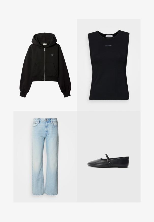 Schwarzer, kurz geschnittener Kapuzenpullover mit Reißverschluss, Fronttaschen, lockerer Passform, elastischen Bündchen und kleinem Calvin Klein-Logo auf der Brust.; Schwarzes ärmelloses Top aus glattem Stoff. Merkmale einen runden Ausschnitt und ein kleines Calvin Klein Logo in der Mitte. Einfaches und figurnahes Design.; Helle blaue weit geschnittene Jeans aus Denim, mit einem klassischen Fünf-Taschen-Design und einer dezenten, gewaschenen Textur. Die Denim-Nähte sind sichtbar.; Schwarze Leder-Ballettschuhe mit spitzem Schuhzeug, flacher Sohle und einem kleinen Riemen mit silberner Schnalle.