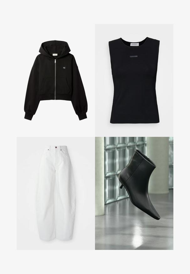 Schwarzer, kurz geschnittener Kapuzenpullover mit Reißverschluss, Fronttaschen, lockerer Passform, elastischen Bündchen und kleinem Calvin Klein-Logo auf der Brust.; Schwarzes ärmelloses Top aus glattem Stoff. Merkmale einen runden Ausschnitt und ein kleines Calvin Klein Logo in der Mitte. Einfaches und figurnahes Design.; Hochtaillierte weiße Denim-Hose mit lockerer Passform. Einfacher Knopfverschluss, seitliche Taschen und minimalistisches Design. Glatte Textur.; Schwarzer Leder-Stiefelette mit spitzer Zehenpartie und niedrigem Kitten-Heel, schräg dargestellt vor einem polierten Boden und einer Glasbausteinwand.