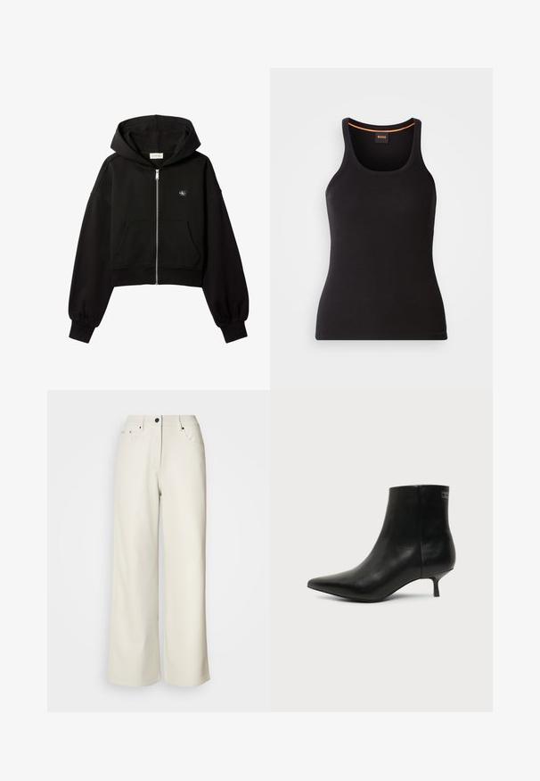 Schwarzer, kurz geschnittener Kapuzenpullover mit Reißverschluss, Fronttaschen, lockerer Passform, elastischen Bündchen und kleinem Calvin Klein-Logo auf der Brust.; Schwarzes, geripptes Tanktop mit rundem Ausschnitt. Es hat eine schmale Passform und einen orangefarbenen Akzent am Hals. Das Markenlogo ist dezent auf der Vorderseite gestickt.; Cremefarbene weit geschnittene Hose aus glattem Stoff. Sie hat eine mittlere Leibhöhe, einen Reißverschluss und zwei vordere Taschen mit schwarzen Hardware-Elementen.; Schwarzer Leder-Knöchel-Stiefel mit spitzer Spitze und niedrigem Kittenabsatz vor hellem Hintergrund, seitliche Ansicht.
