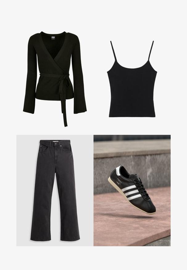 Zwarte geribbelde wikkeltop met een diepe V-hals, lange klokmouwen en een strikceintuur op de taille. Gladde textuur, getailleerd ontwerp.; Zwart dames tanktop zonder mouwen met dunne spaghettibandjes en een rechte zoom.; Zwarte denim wijde-spijkerbroek met een hoge taille, vijf zakken en een metalen knoopsluiting. De stof heeft een gladde, licht vervaagde textuur.; Zwarte leren sneaker met witte strepen en zool, veters gestrikt, zwevend boven een rozeachtig betonnen oppervlak met een grijze stenen muur op de achtergrond.