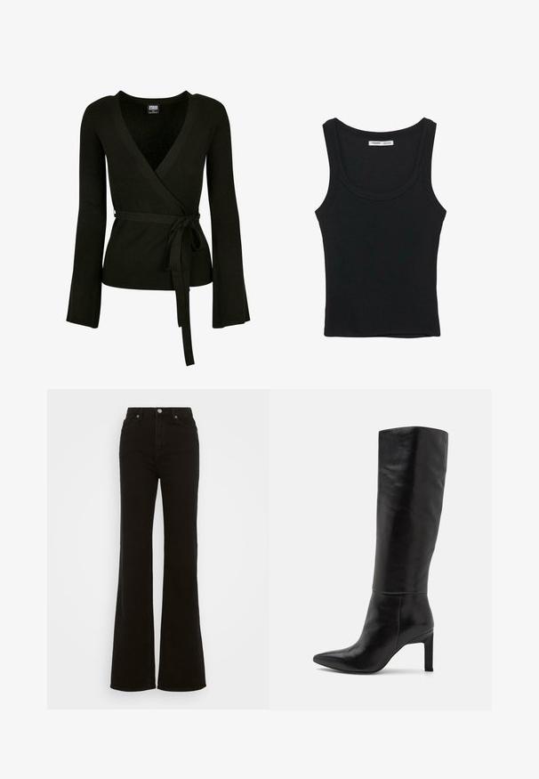 Top noir à côtes avec un décolleté en V profond, de longues manches évasées et une ceinture à nouer à la taille. Texture lisse, design ajusté.; Débardeur noir côtelé sans manches avec un col rond et un ourlet droit, étiquette à l'intérieur du dos du cou.; Jean évasé noir taille haute en denim, avec une fermeture à bouton, des poches latérales et une texture lisse.; Bottes noires en cuir à talons aiguilles, montant jusqu'au genou, avec une pointe fine et une texture lisse. Le talon est de style bloc, ajoutant de la stabilité au design.