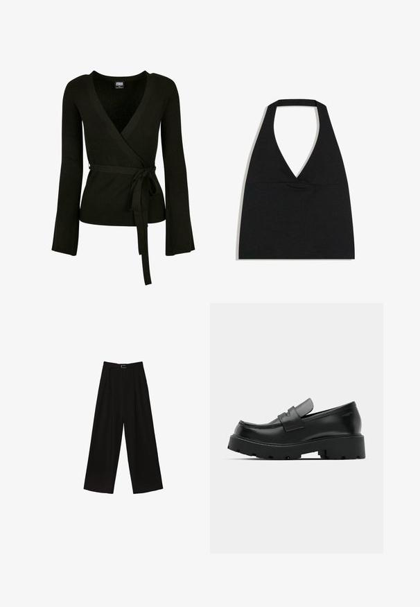Top noir à côtes avec un décolleté en V profond, de longues manches évasées et une ceinture à nouer à la taille. Texture lisse, design ajusté.; Haut court noir à col licou avec un profond décolleté en V et une large bretelle autour du cou sur fond blanc.; Pantalons larges noirs à taille haute, dotés d'une ceinture à la taille et de plis pour ajouter de la texture. Fabriqués dans un tissu lisse et léger.; Mocassins en cuir noir avec une semelle épaisse et texturée, dotés d'une sangle sur le vamp et d'une finition lisse et polie.