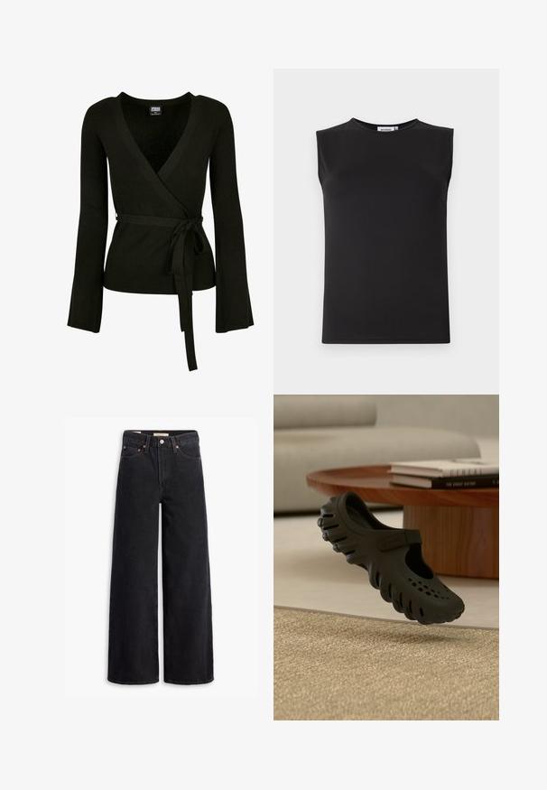 Top noir à côtes avec un décolleté en V profond, de longues manches évasées et une ceinture à nouer à la taille. Texture lisse, design ajusté.; Haut sans manches noir en tissu lisse et extensible. Présente un col rond et une silhouette ajustée. Pas de motifs ni d'accents visibles.; Jean noir à jambe large en denim, comportant cinq poches, des rivets en laiton et une fermeture à bouton classique. Texture lisse avec un design épuré.; Sabot noir Crocs avec trous de ventilation et bride flottant au-dessus d'un tapis beige tissé, table basse en bois avec des livres, et canapé beige en arrière-plan.
