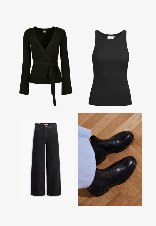 Sort ribbet indpakningsbluse med dyb V-udskæring, lange klokkeærmer og et bindebånd i taljen. Glat tekstur, tætsiddende design.; Sort tanktop lavet af ribbet materiale, med en scooped halsudskæring og en tætsiddende form. Flade sømme og ingen udsmykninger. Enkel og strømlinet design.; Sorte brede benjeans lavet af denim, med fem lommer, kobbernitter og en klassisk knaplukning. Glat tekstur med et rent design.; Sorte ankelstøvler lavet af glat læder med elastiske sidepaneler, en tekstureret gummisål og kontraststing langs kanten.