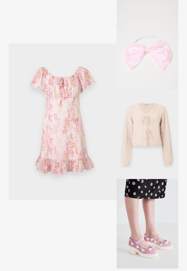 Lys lyserød cropped cardigan lavet af tekstureret strikket stof, med en V-udskæring og en bundet frontlukning. Fremhævet med lodrette ribbede mønstre.; Kort blomsterkjole med pufærmer, rynket halsudskæring og flæsekant i nuancer af pink og fersken på hvid baggrund.; Lyserøde fløjl Mary Jane-sko med hvide platformssåler, pyntet med blomsterapplikationer og blonder omkring åbningen og ankelremmen.; Lyserød, blank hårtilbehør formet som en stor sløjfe, med en glat overflade og et tyndt bånd til at sikre den på plads.