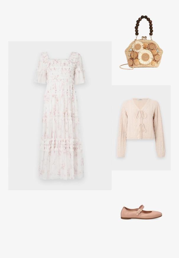 Lys lyserød cropped cardigan lavet af tekstureret strikket stof, med en V-udskæring og en bundet frontlukning. Fremhævet med lodrette ribbede mønstre.; Hvid midiklæde med lyserøde blomsterprint, smocket krop, flæseærmer og lagdelt nederdel med vandrette flæser og transparent tekstur.; Lyserøde læderballetsko med rund tå og en enkelt justerbar spændeoverdel henover buen. Flad gummisål. Glat tekstur.; Vævet stråhåndtaske med stor mørk træperlehåndtag, blomstrede hæklet dekorationer, pomponer, rhinsten og en guldkæde.