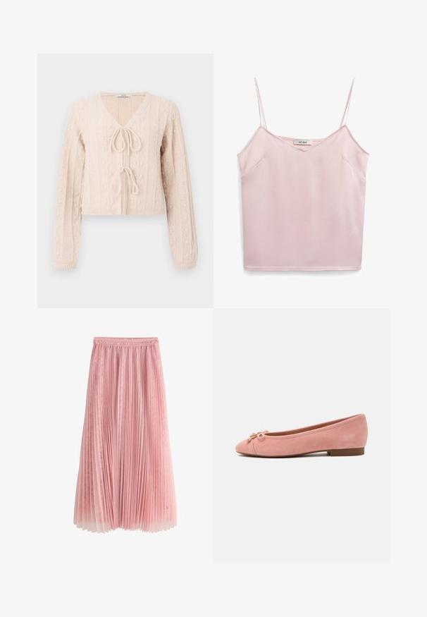 Lichtroze cropped cardigan van structuurgebreid materiaal, met een V-hals en een striksluiting aan de voorkant. Versterkt met verticale ribbelpatronen.; Roze mouwloze top met dunne banden, V-hals, zachte textuur en twee zijzakken. Label zegt "IVY OAK." Eenvoudig, schoon ontwerp.; Roze geplooide midi-rok met een kanten onderlaag en een geplooide tailleband, getoond op een witte achtergrond.; Zachte roze suède ballerina met een klein strikje en gouden detail op de afgeronde neus, lage hak en gladde zool.