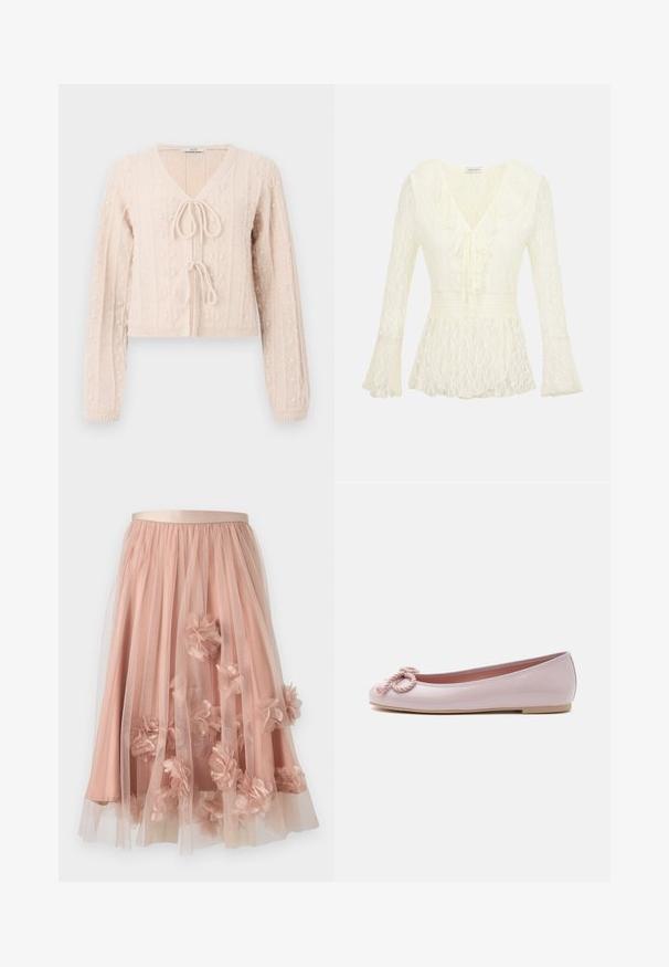Cardigan court rose clair en tissu tricoté texturé, avec un décolleté en V et une fermeture à nouer à l'avant. Accentuée par des motifs en relief verticaux.; Blouse en dentelle ivoire à manches longues avec col en V, col à volants, lien devant, taille smockée et poignets évasés.; Jupe en tulle rose pâle avec une ceinture en satin. Comprend plusieurs couches de tissu transparent et des appliqués floraux en trois dimensions sur toute la surface.; Ballerine en cuir verni rose clair avec bout arrondi, nœud en corde torsadée sur le devant et semelle basse beige sur fond blanc.