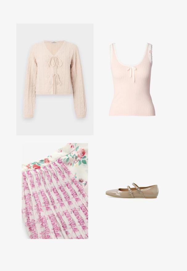Lys lyserød cropped cardigan lavet af tekstureret strikket stof, med en V-udskæring og en bundet frontlukning. Fremhævet med lodrette ribbede mønstre.; Lyserød ribstrikket ærmeløs top med bølget hvid kant på stropperne og en lille sløjfe foran i halsudskæringen.; Blomsterkjole med hvid baggrund og pink og grønne blomstermønstre, plisseret design og en glat stoftekstur.; Beige laklæder flad sko med spids snude og to justerbare remme med spænder over toppen.