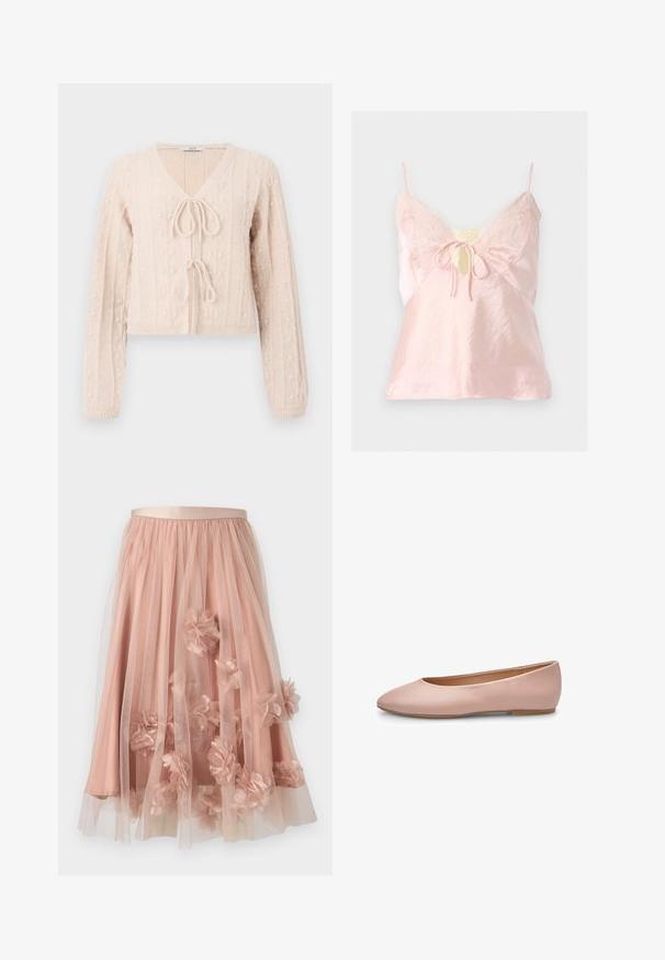 Cardigan court rose clair en tissu tricoté texturé, avec un décolleté en V et une fermeture à nouer à l'avant. Accentuée par des motifs en relief verticaux.; Caraco en satin rose clair avec bordure en dentelle, fines bretelles, encolure goutte d'eau et détail noué devant.; Jupe en tulle rose pâle avec une ceinture en satin. Comprend plusieurs couches de tissu transparent et des appliqués floraux en trois dimensions sur toute la surface.; Ballerine plate en cuir rose avec un bout pointu, une texture lisse, des accents minimaux et une semelle solide marron clair. Design simple, sans ornements.