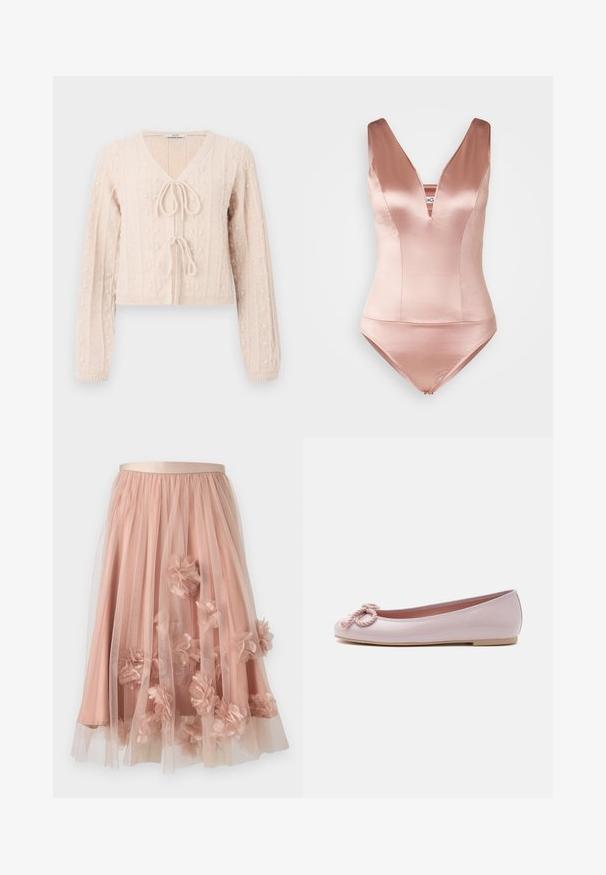 Lys lyserød cropped cardigan lavet af tekstureret strikket stof, med en V-udskæring og en bundet frontlukning. Fremhævet med lodrette ribbede mønstre.; Lyserød satin svømmedragt med en dyb V-hals og brede skulderstropper. Har en tætsiddende bodice og kort bunden cut. Glat tekstur.; Tylskørt i blød lyserød med satinbånd i taljen. Har lag af gennemsigtigt stof og tredimensionelle blomsterapplikationer over det hele.; Lyserød lakballerina med rundet tå, snoet snøre sløjfe foran og lav beige sål på hvid baggrund.