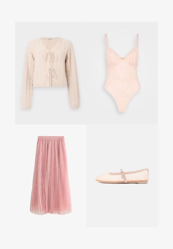 Heledad roosa lühike kardigan, mis on valmistatud tekstuuriga kudumist, V-kaelusega ja sidumisega ees. Tugevdatud vertikaalsete soonikmustritega.; IN THE STYLE LINGERIE BODYSUIT - Topp - rosé; Roosa volditud midi seelik pitsilise aluskihiga ja kogutud vöökohaga, valgel taustal esitletud.; Heledast beež värvi madal king terava varbakujundusega ja ühe külgtihvtiga rihmaga, esitatud lihtsal valgel taustal.