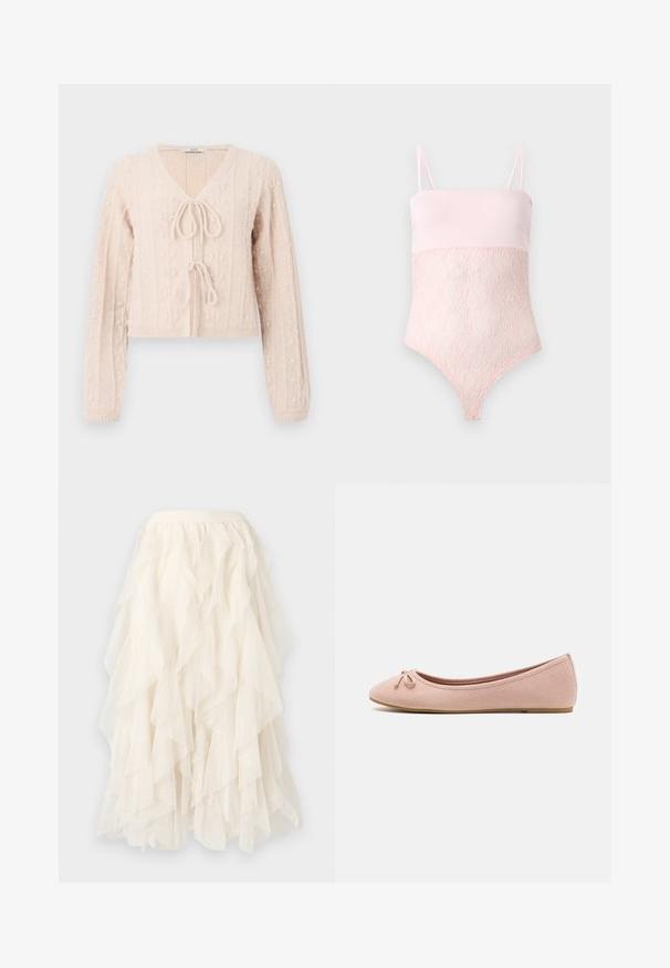 Lichtroze cropped cardigan van structuurgebreid materiaal, met een V-hals en een striksluiting aan de voorkant. Versterkt met verticale ribbelpatronen.; Lichtroze kanten body met spaghettibandjes en een gladde bovenkant tegen een effen lichte achtergrond.; Crèmekleurige gelaagde tule rok met zachte ruches en subtiele stippenstructuur, met een aansluitende tailleband.; Ballet flats van zacht rozenhuid-suède met een ronde neus en een klein strikdetail aan de voorkant, met een lage platte zool.