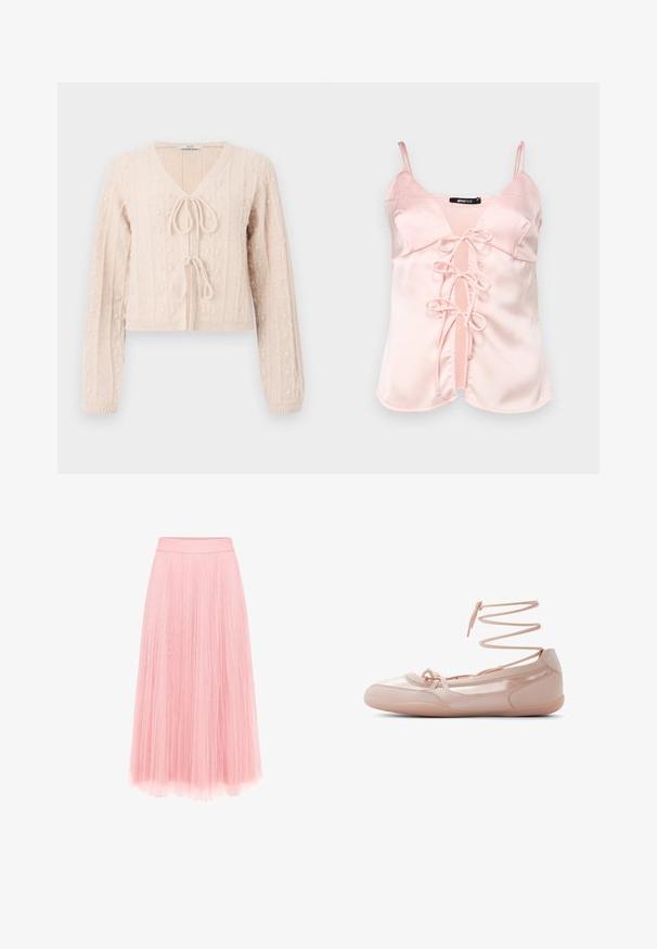 Cardigan court rose clair en tissu tricoté texturé, avec un décolleté en V et une fermeture à nouer à l'avant. Accentuée par des motifs en relief verticaux.; Camisole en satin rose avec des bretelles spaghetti réglables, dotée d'une fermeture à nouer à l'avant avec des anses et d'un décolleté en V. Texture lisse et lignes épurées.; zero MIT PLIESSENDEM BECHER - Jupe plissée - bridal rose; Ballerine en cuir rose avec bout rond, brides lacées à la cheville et texture lisse. Design léger avec des accents de coutures minimales.