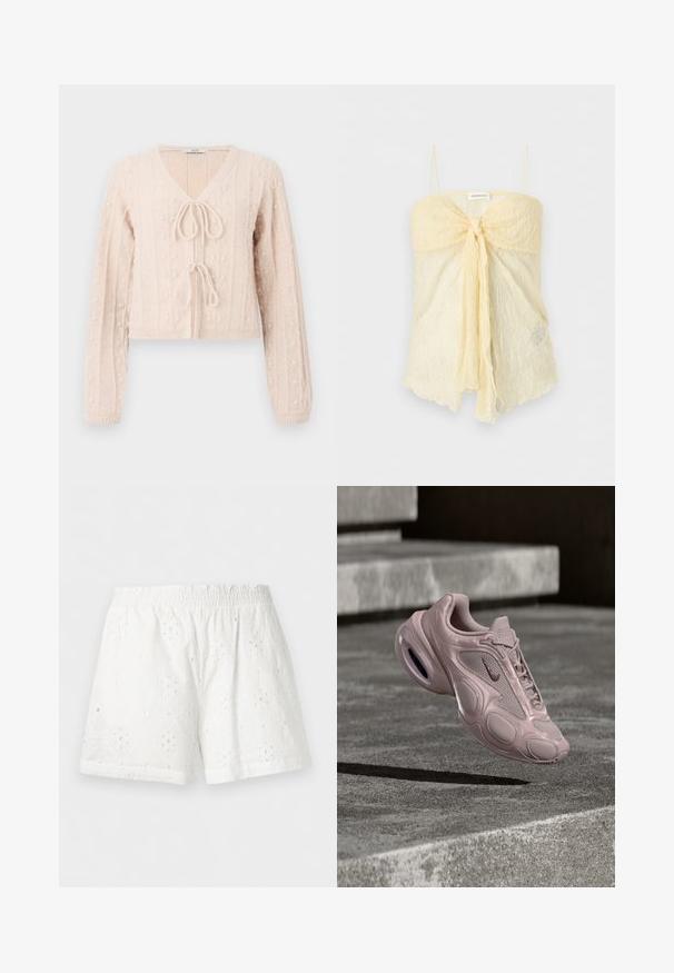 Lys lyserød cropped cardigan lavet af tekstureret strikket stof, med en V-udskæring og en bundet frontlukning. Fremhævet med lodrette ribbede mønstre.; Lysegul blondecamisole med tynde stropper og en sløjfe foran, gennemsigtigt stof og bølget kant.; Hvide shorts med elastik i taljen, blomsterbroderi med hulmønster og en let tekstureret stof.; Nike-sneaker i lyserød med øvre del af mesh, rundet sål og synlig polstring. Glat tekstur med præget detaljer.
